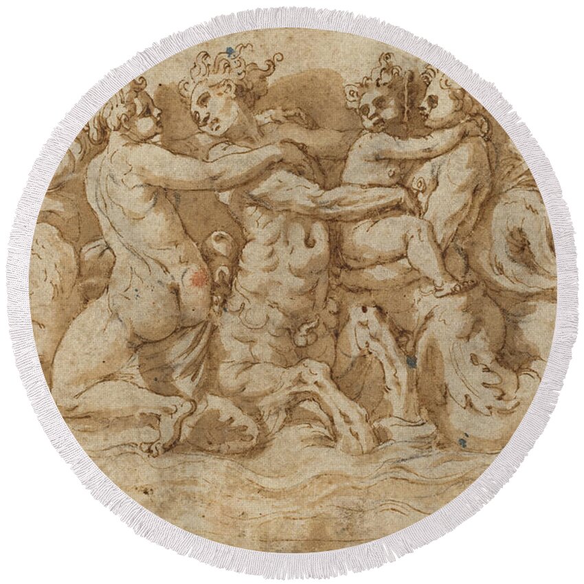 Attributed To Pellegrino Tibaldi Round Beach Towel featuring the drawing Tritons and Nymphs by Attributed to Pellegrino Tibaldi