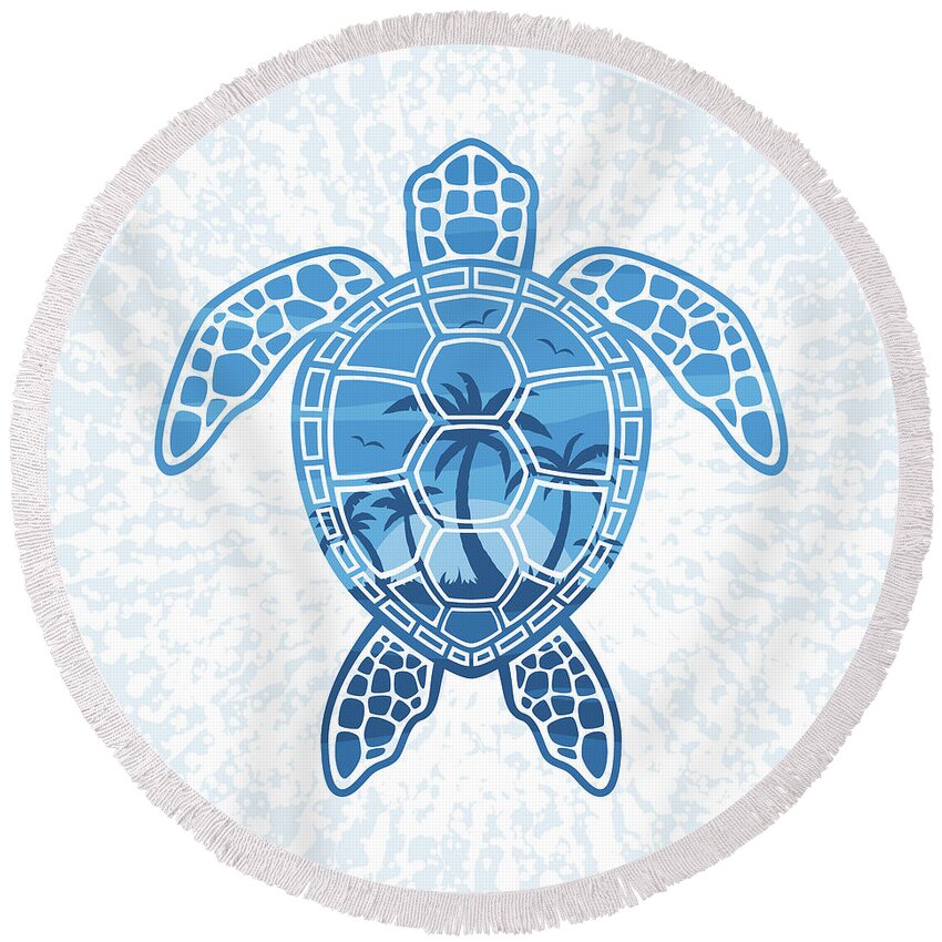 Blue Round Beach Towel featuring the digital art Tropical Island Sea Turtle Design in Blue by John Schwegel