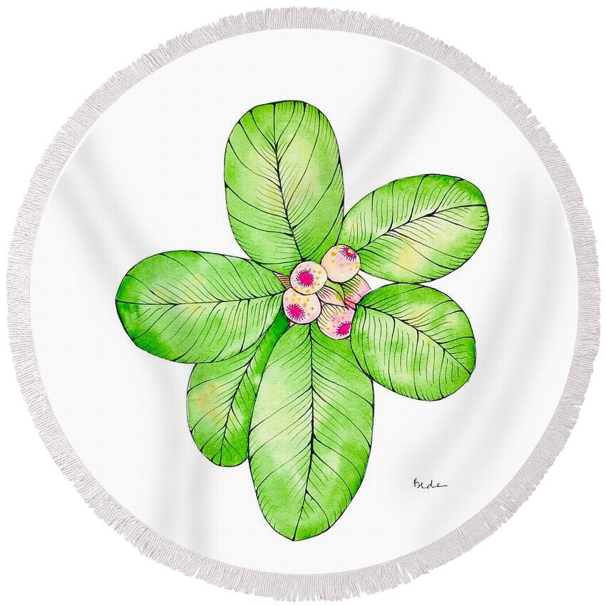 Tropical Round Beach Towel featuring the painting Tropical Plant with Pink Berries by Catherine Bede