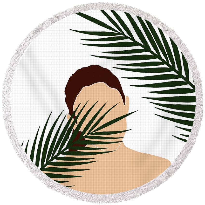 Tropical Round Beach Towel featuring the mixed media Tropical Reverie 16 - Modern, Minimal Illustration - Girl and Palm Leaves - Aesthetic Tropical Vibes by Studio Grafiikka