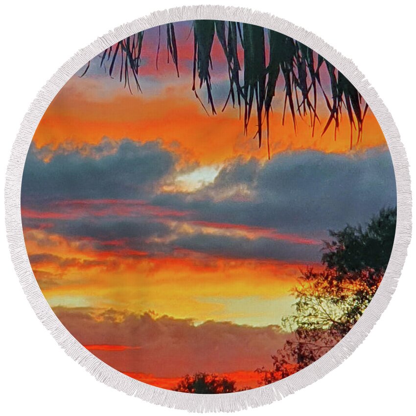 Sunset Round Beach Towel featuring the digital art Tropical Sunset by Tracey Lee Cassin