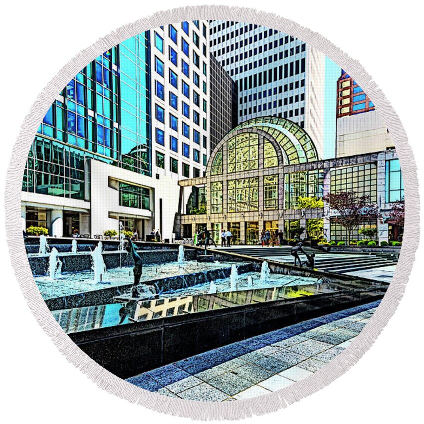 Architectural-photographer-charlotte Round Beach Towel featuring the digital art Tryon Street - Uptown Charlotte by SnapHappy Photos