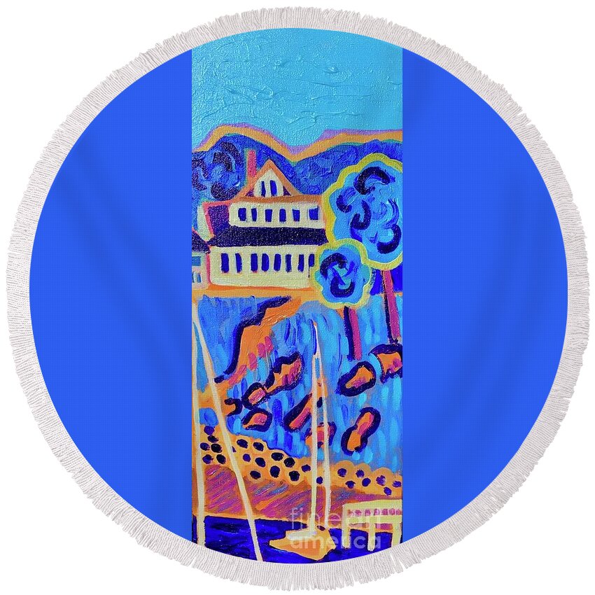 Manchester By-the-sea Round Beach Towel featuring the painting Tucks Point Cliff House by Debra Bretton Robinson
