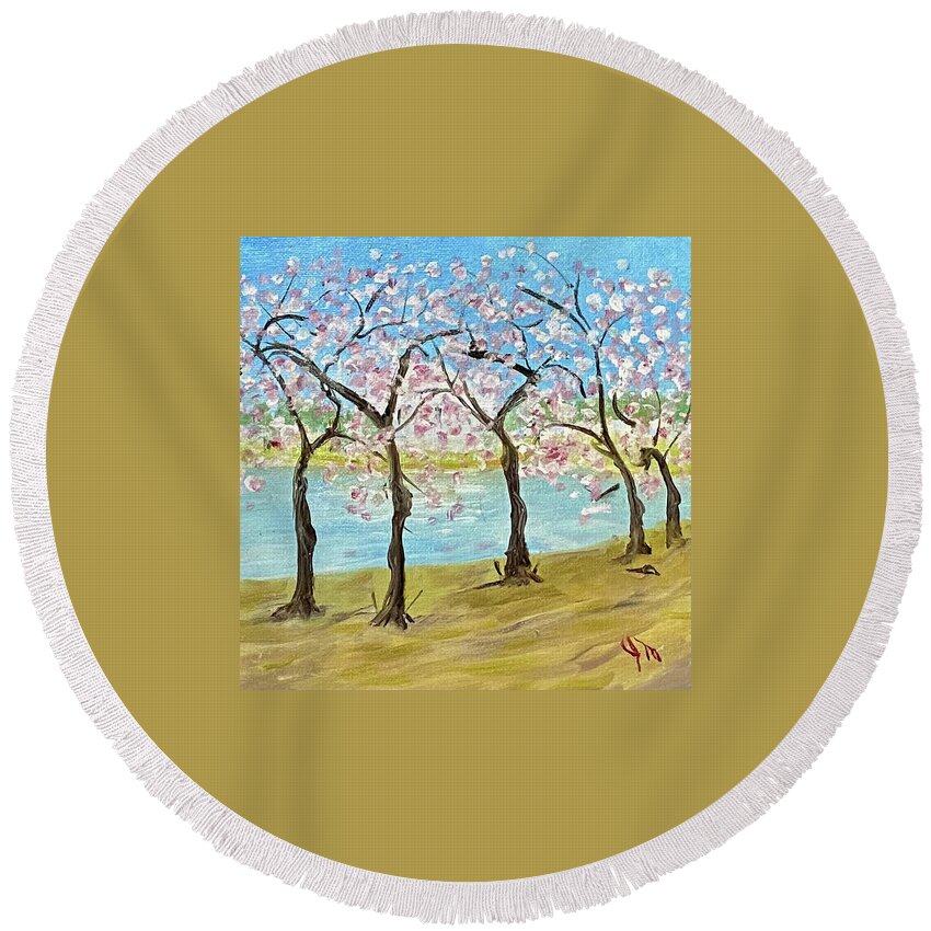 Cherry Blossoms Round Beach Towel featuring the painting Tuesday 2002 Full Bloom by John Macarthur