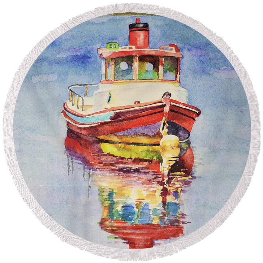 Boat Round Beach Towel featuring the painting Tug Boat by Mary Haley-Rocks