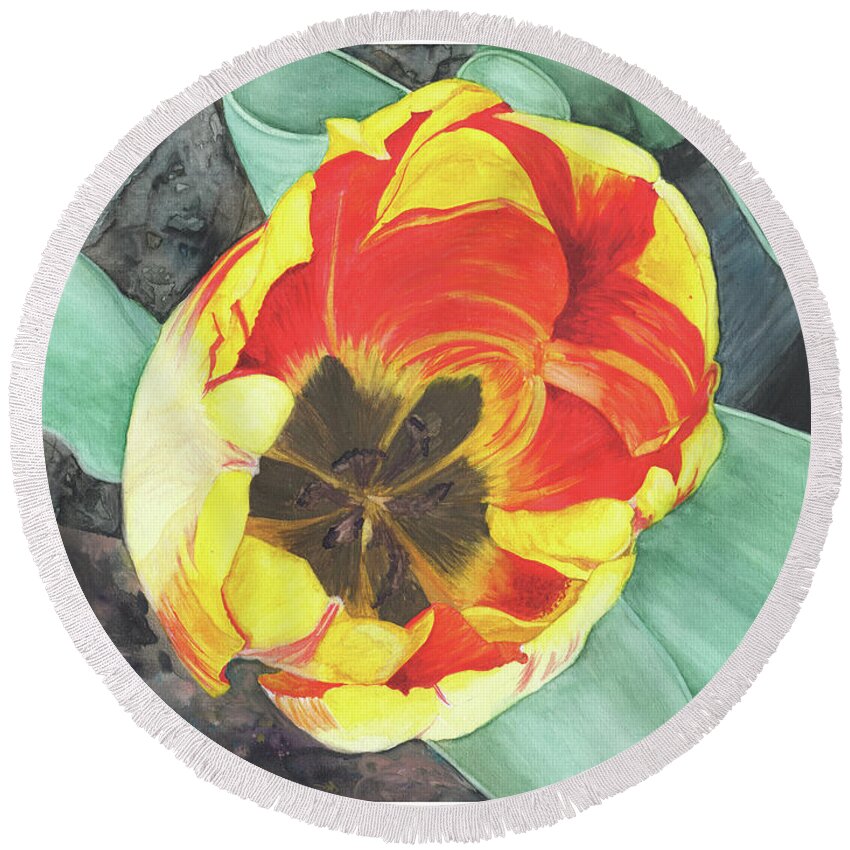 Watercolor Round Beach Towel featuring the painting Tulip Heart by Heather E Harman