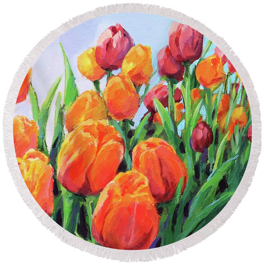 Tulips Round Beach Towel featuring the painting Tulip Parade by Karen Ilari