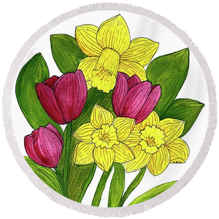 Daffodils Round Beach Towel featuring the mixed media Tulips and Daffodils by Lisa Neuman