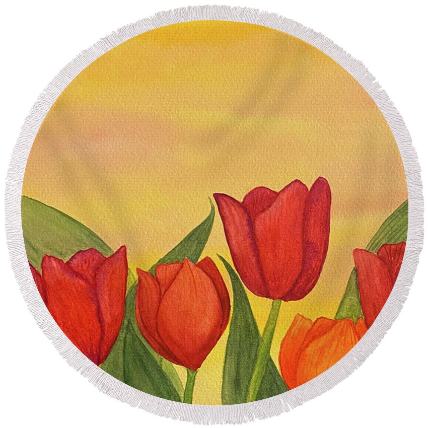 Tulips Round Beach Towel featuring the painting Tulips at Sunset by Lisa Neuman