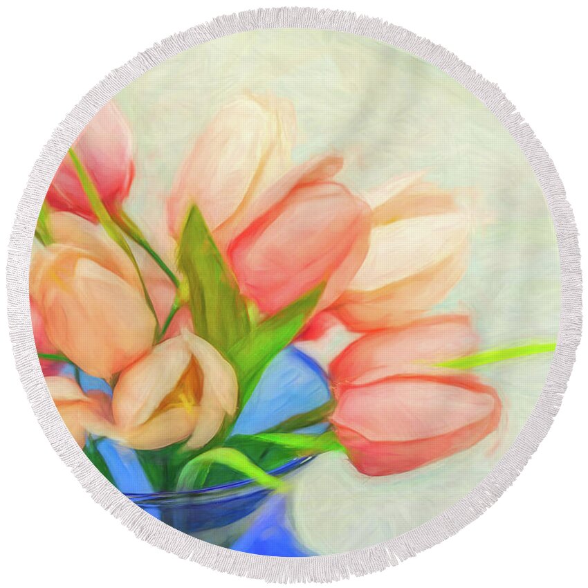 Tulips Round Beach Towel featuring the digital art Tulips Into The Blue by Kevin Lane