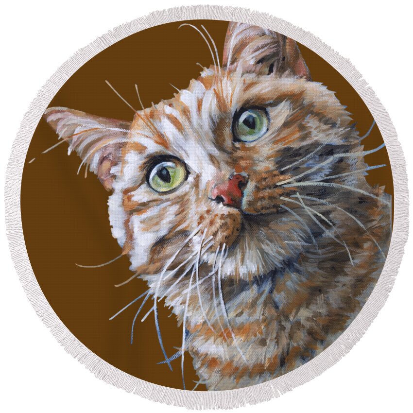 Cat Round Beach Towel featuring the painting Tuna Time - Orange Cat Painting by Annie Troe