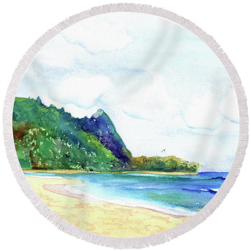 Finding Ohana Round Beach Towel featuring the painting Tunnels Beach 2 by Marionette Taboniar