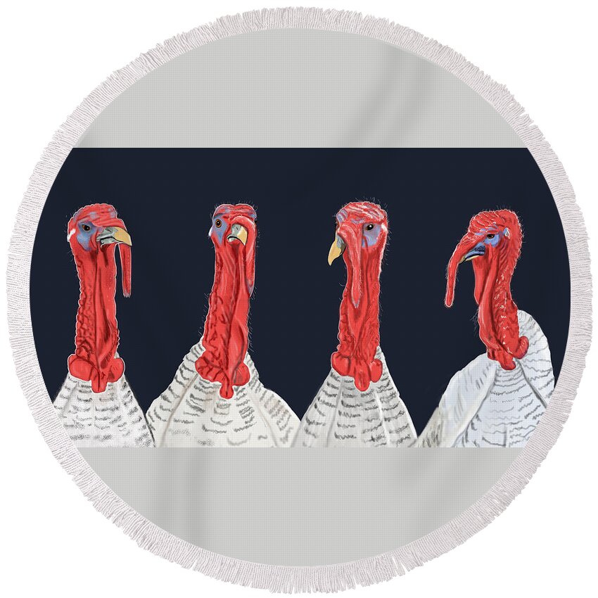 Nature Round Beach Towel featuring the mixed media Turkey Gang by Judy Cuddehe