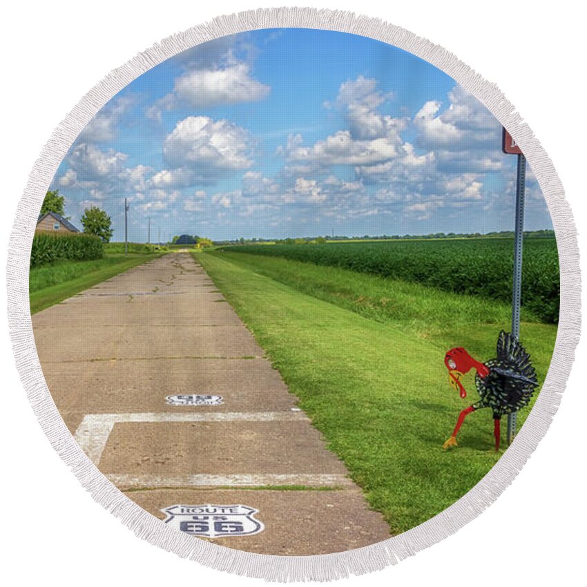Route 66 Round Beach Towel featuring the photograph Turkey Tracks on Route 66 - Nilwood, Illinois by Susan Rissi Tregoning