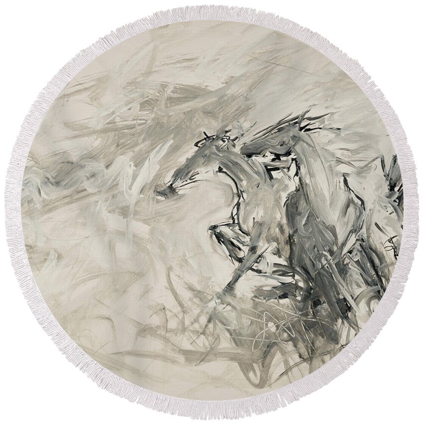 Wild Horses Round Beach Towel featuring the painting Turning en Masse by Elizabeth Parashis