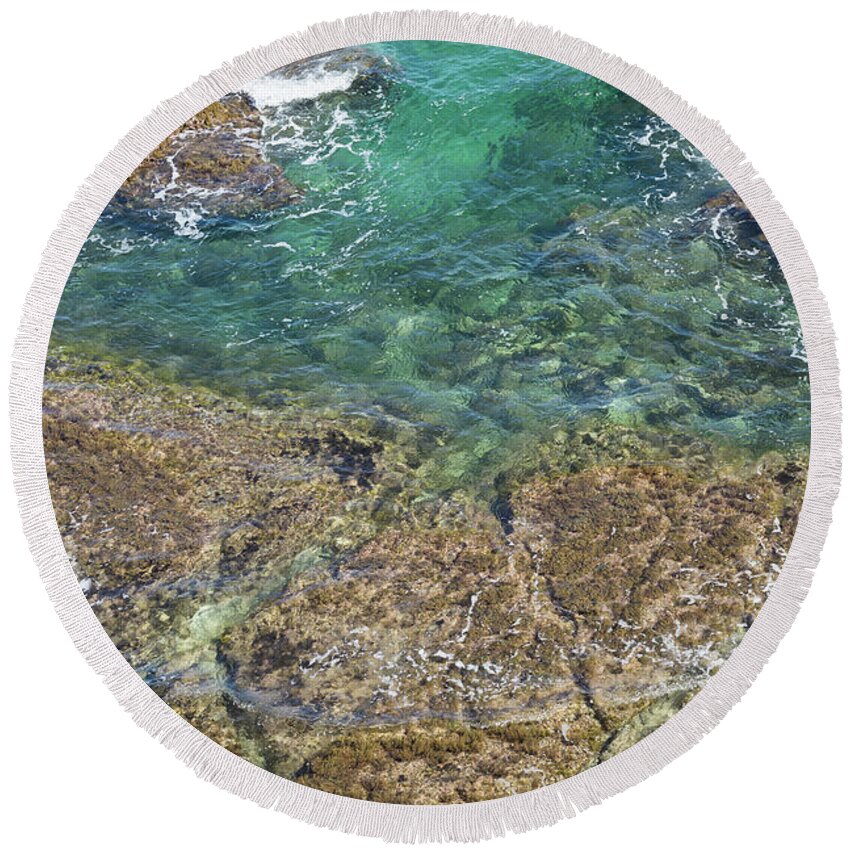 Turquoise Round Beach Towel featuring the photograph Turquoise Blue Water And Rocks On The Coast by Adriana Mueller