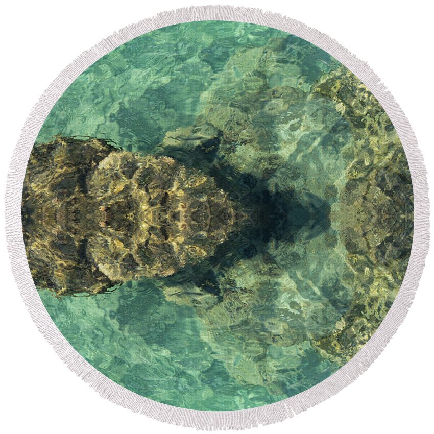 Turquoise Round Beach Towel featuring the digital art Turquoise sea water and rocks by Adriana Mueller