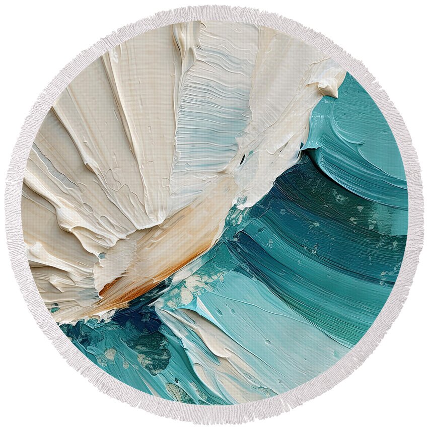 Seashell Round Beach Towel featuring the painting Turquoise Seashells - Coastal Artwork for Walls by Lourry Legarde