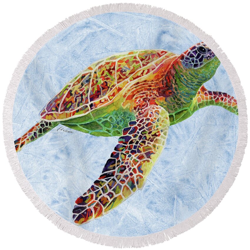 Turtle Round Beach Towel featuring the painting Turtle Reflections on Blue by Hailey E Herrera