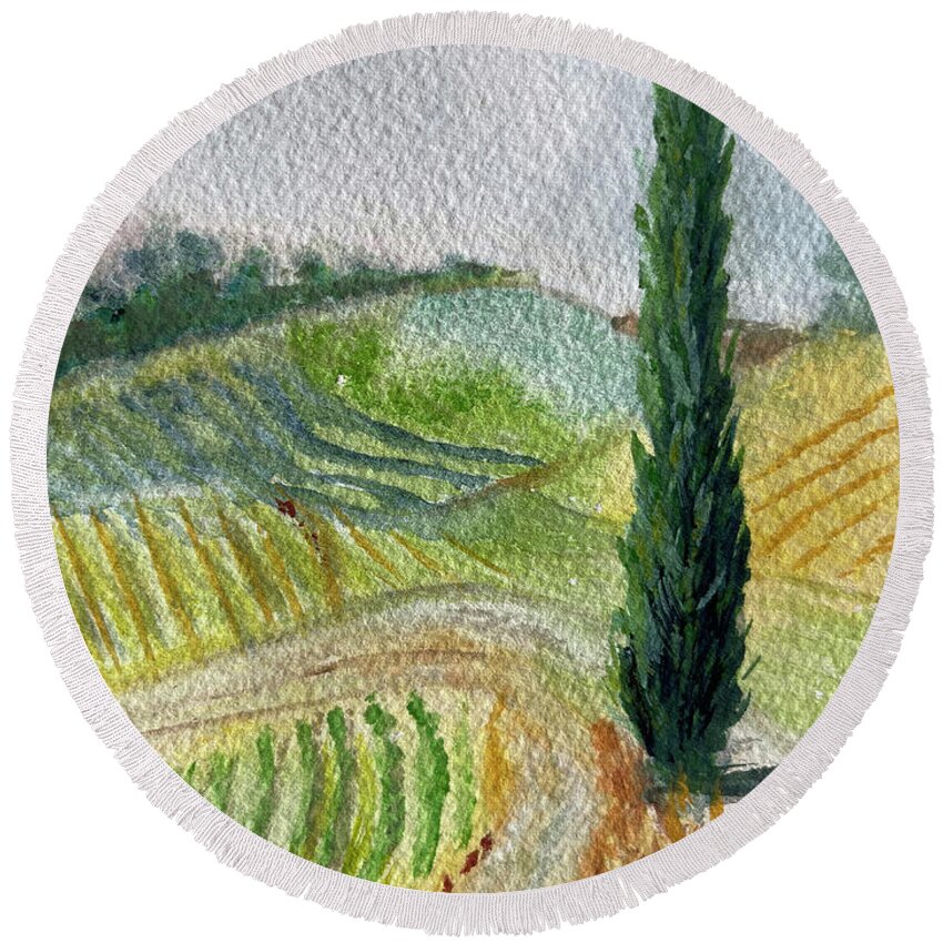 Cypress Tree Round Beach Towel featuring the painting Tuscan Cypress Tree Landscape by Roxy Rich