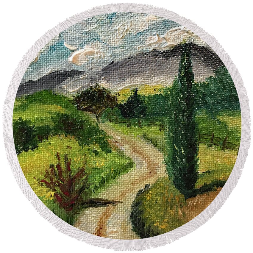 Tuscany Round Beach Towel featuring the painting Tuscan Winding Road by Roxy Rich
