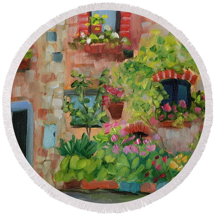 Tuscany Round Beach Towel featuring the painting Tuscan Window Boxes by Marcy Brennan