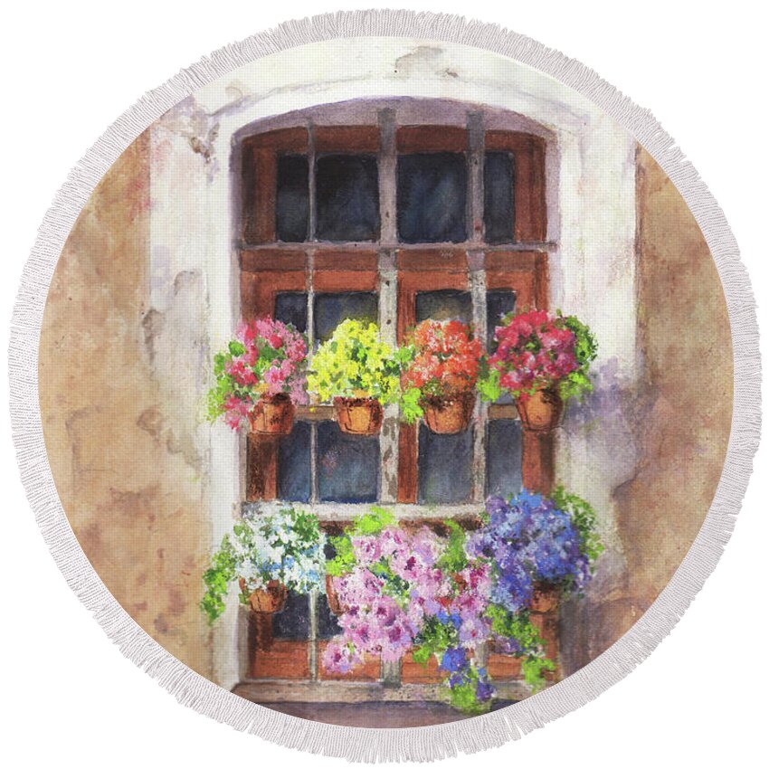 Window Round Beach Towel featuring the painting Tuscan Window Garden by Vikki Bouffard