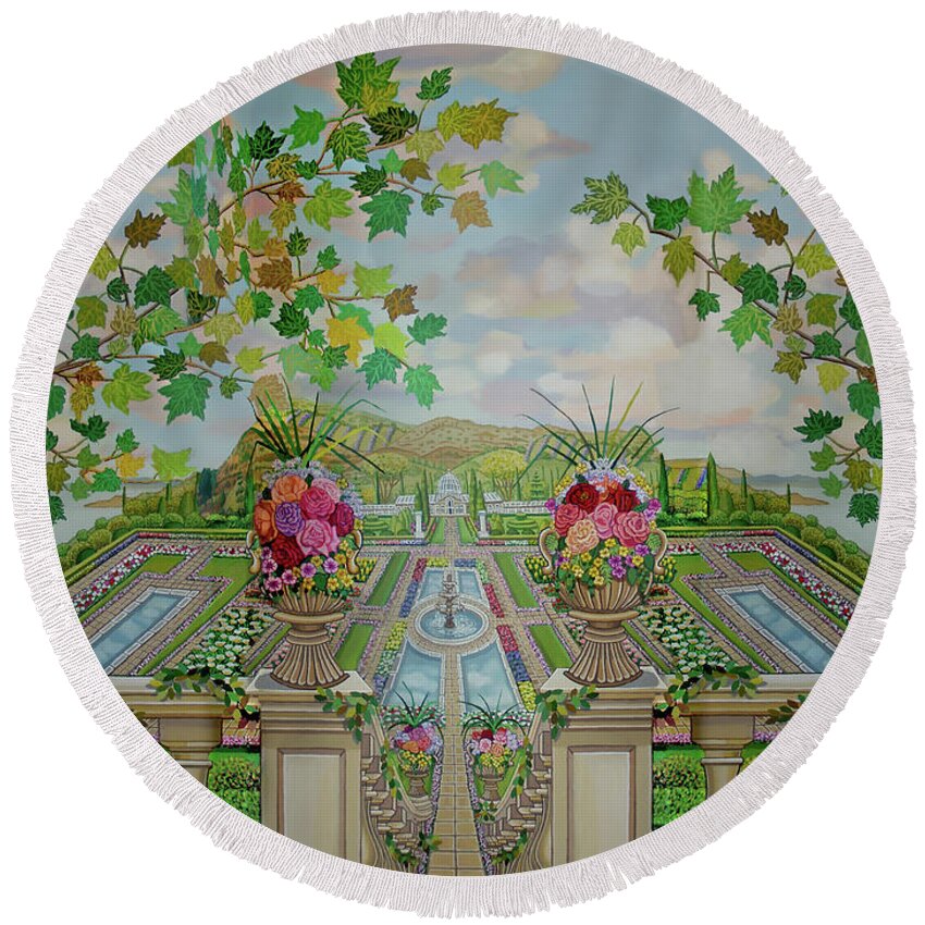  Round Beach Towel featuring the painting Tuscany Fountain Gardens Fleece Blanket Version by Bonnie Siracusa