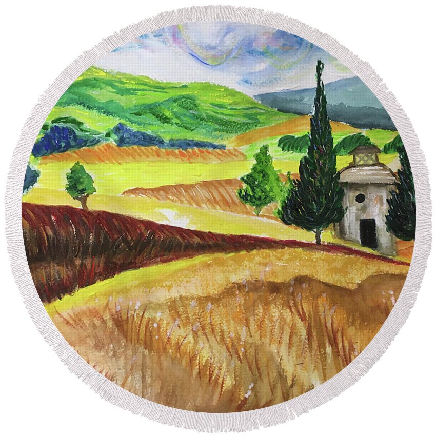 Watercolor Round Beach Towel featuring the painting Tuscany Hills by Roxy Rich
