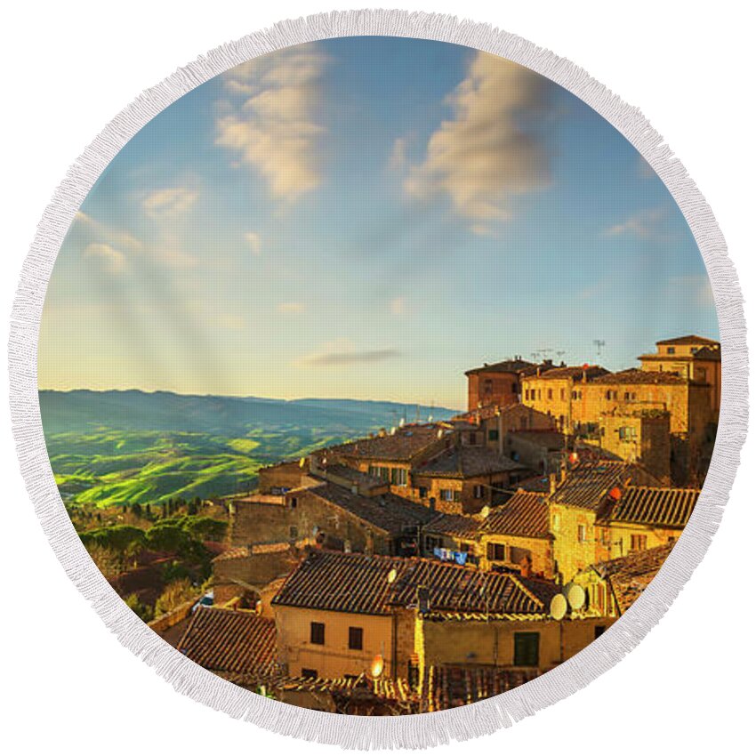 Volterra Round Beach Towel featuring the photograph Volterra old town skyline by Stefano Orazzini