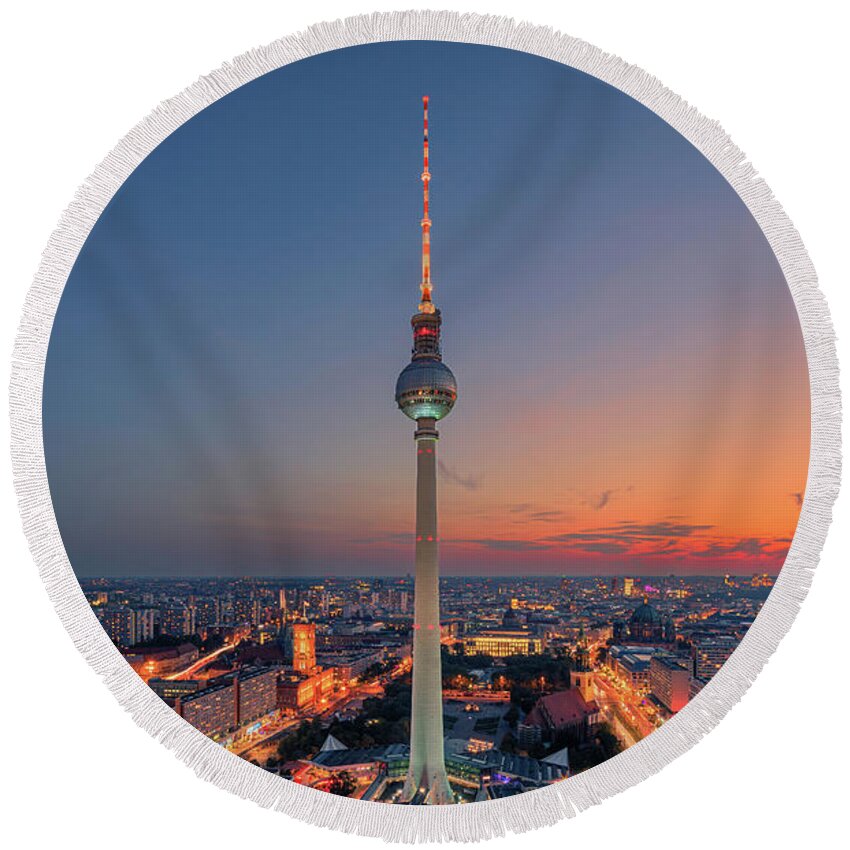 Illuminated Round Beach Towel featuring the photograph TV Tower Berlin, Germany by Henk Meijer Photography