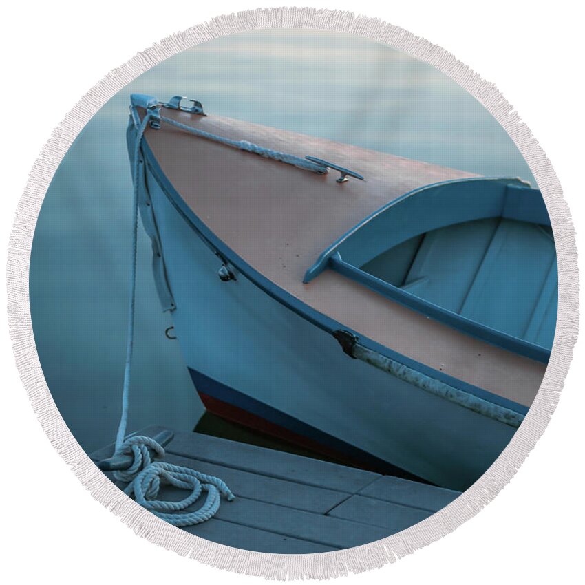 Blue Round Beach Towel featuring the photograph Twilight Blue Boat by Katie Dobies