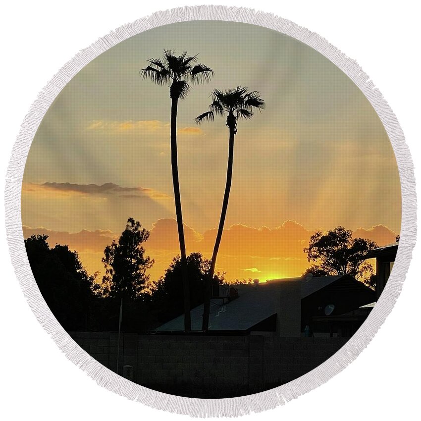 Sunset Round Beach Towel featuring the photograph Twin Palm Sunset by Grey Coopre