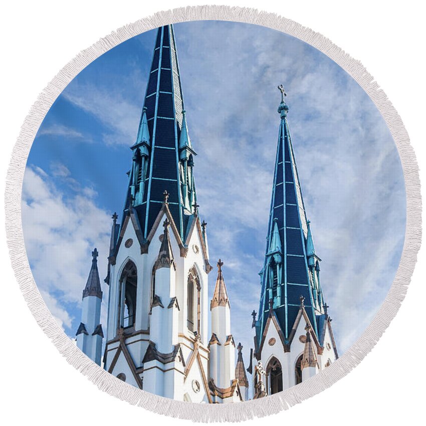 Place Round Beach Towel featuring the photograph Twin Steeples on White Church by Darryl Brooks