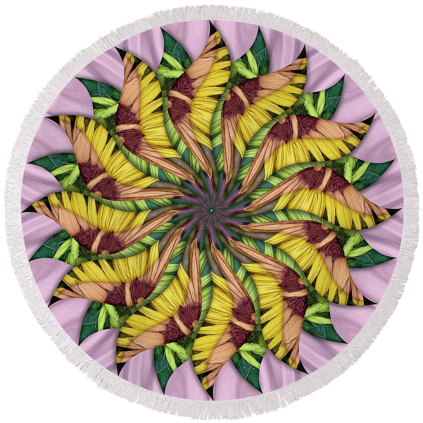 Spin-flower Mandala Round Beach Towel featuring the digital art Twirlbloomia Pinkaswirlus by Becky Titus