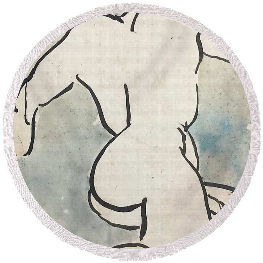 Sumi Ink Round Beach Towel featuring the drawing Twisted Male by M Bellavia