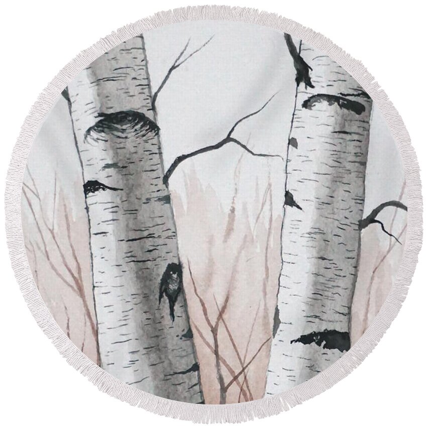 Birch Round Beach Towel featuring the painting Two Birch Trees In A Field by Christopher Shellhammer