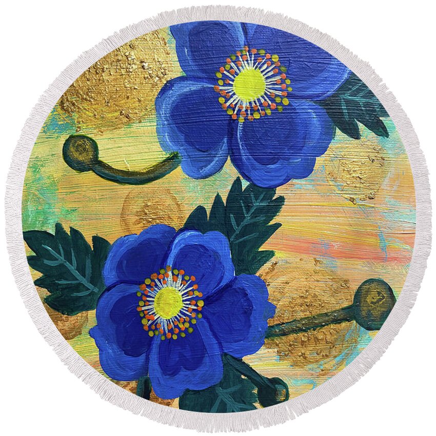 Gold Round Beach Towel featuring the painting Two Blue Flowers by Christina Wedberg