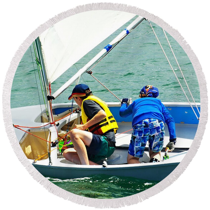 Csne1b Round Beach Towel featuring the photograph Two Boys Sailing in a small boat on salt water. by Geoff Childs