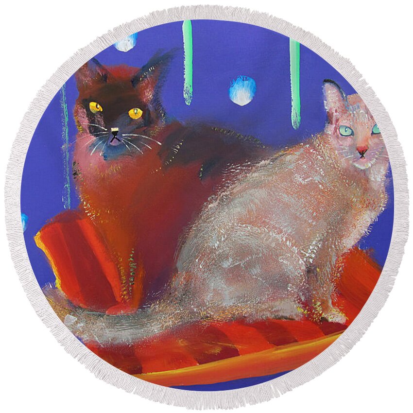 Orienta Cats Round Beach Towel featuring the painting Two Cats On A Cushion by Charles Stuart