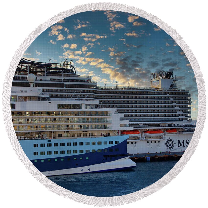 Bonaire Round Beach Towel featuring the photograph Two Cruise Ships at Sunset by Darryl Brooks