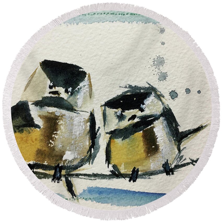 Grand Tit Round Beach Towel featuring the painting Two Fat Chickadees by Roxy Rich