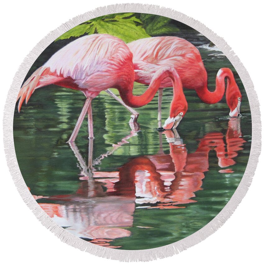 Flamingos Round Beach Towel featuring the painting Two Flamingos by Jimmie Bartlett