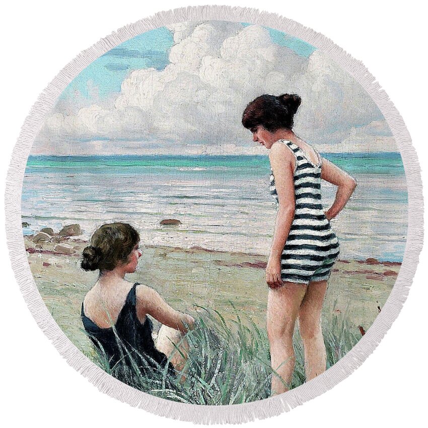 Two Friends Round Beach Towel featuring the painting Two friends. Beach scene - Digital Remastered Edition by Paul Gustav Fischer