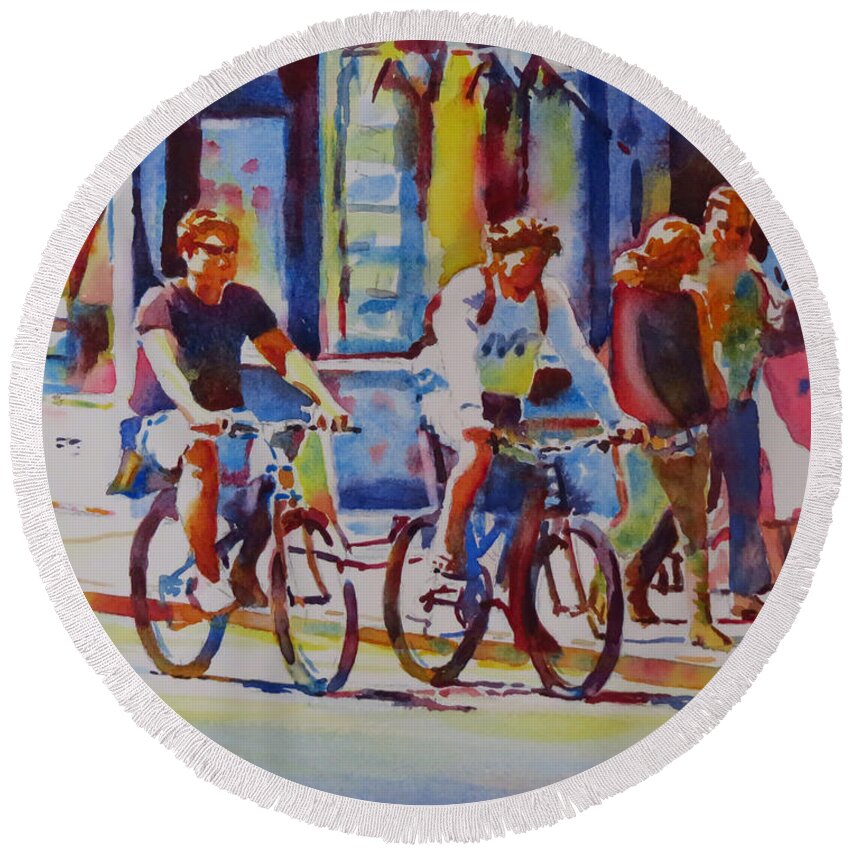 Oxford Round Beach Towel featuring the painting Two Go Cycling-G.Berry #89 by David Gilmore