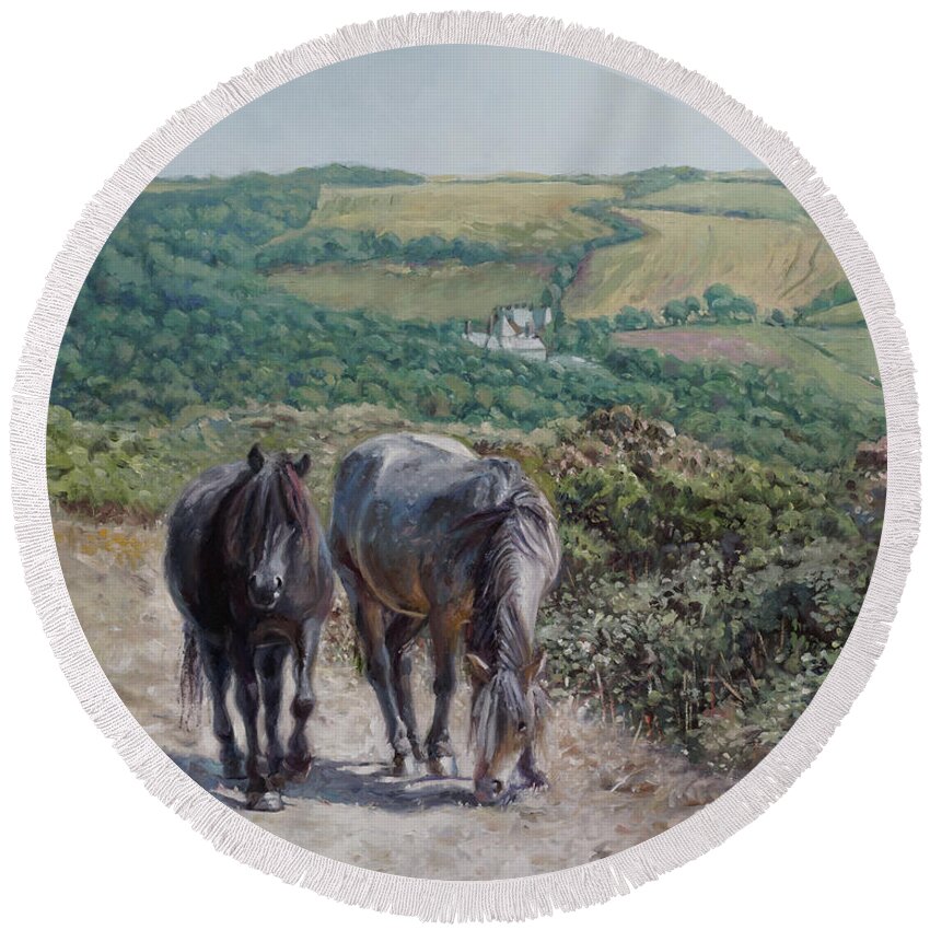 Horses Round Beach Towel featuring the painting Two horses on Devon coastal path by Martin Davey