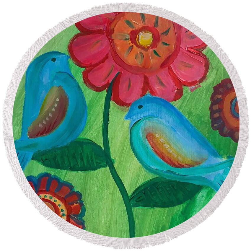 Acrylic Painting Round Beach Towel featuring the painting Two little Birds by Karen Buford