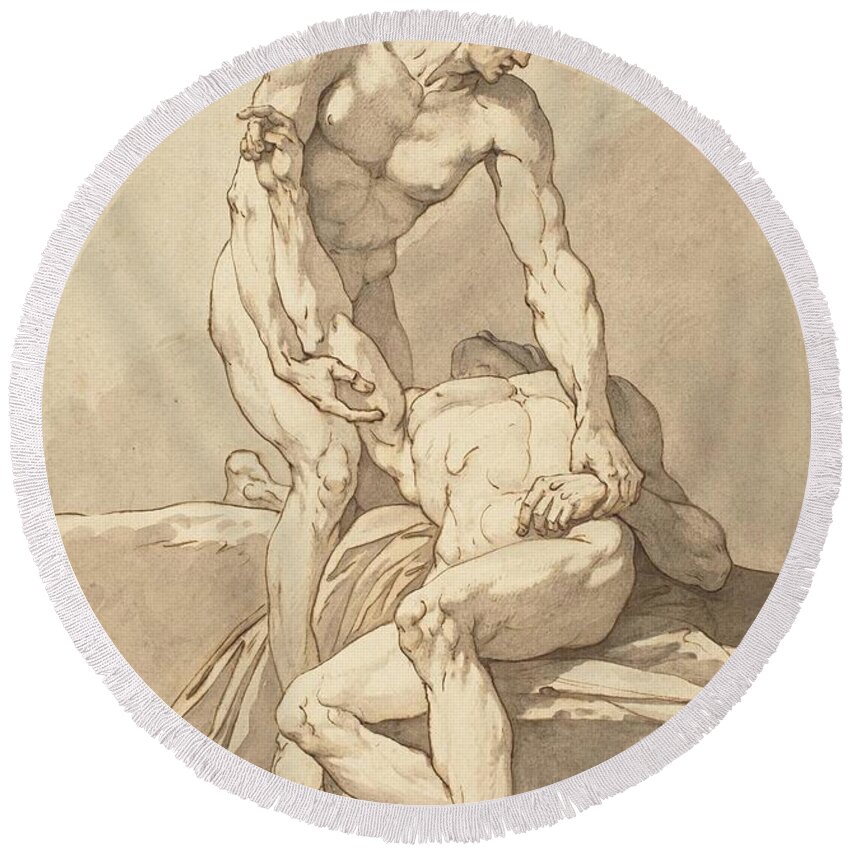  Round Beach Towel featuring the drawing Two Nude Men late s by Johann Heinrich Lips Swiss