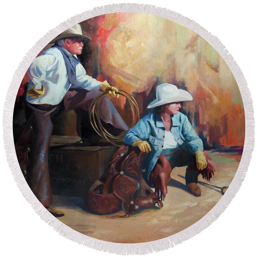 Western Art Round Beach Towel featuring the painting Two of a Kind by Carolyne Hawley