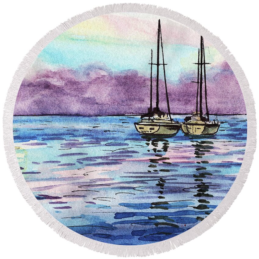 Boats Round Beach Towel featuring the painting Two Sailboats Resting In The Ocean Purple Clouds Watercolor Beach Art by Irina Sztukowski